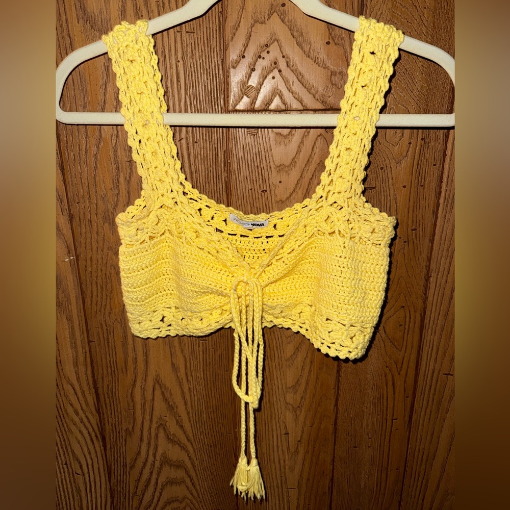 Fashion Nova Yellow Crochet Tie-Front Crop Top ☀️